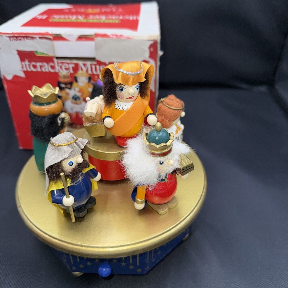 vintage Wooden Nutcracker Music Box nativity scene In Original Box. Works